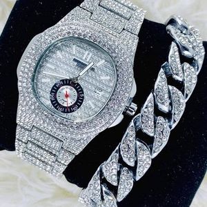 NDS Stone Iced Men"s Wristwatch & Hand Chain - SIlver