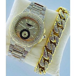 Stone Iced Men's Wristwatch With Hand Chain-Gold