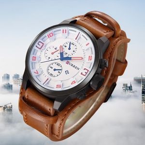 Curren Leather Strap Military Sport Wrist Watch. White Brown