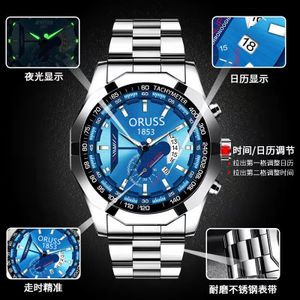 ORUSS Blue Luminous Calendar Men's Quartz Watch Round Waterproof