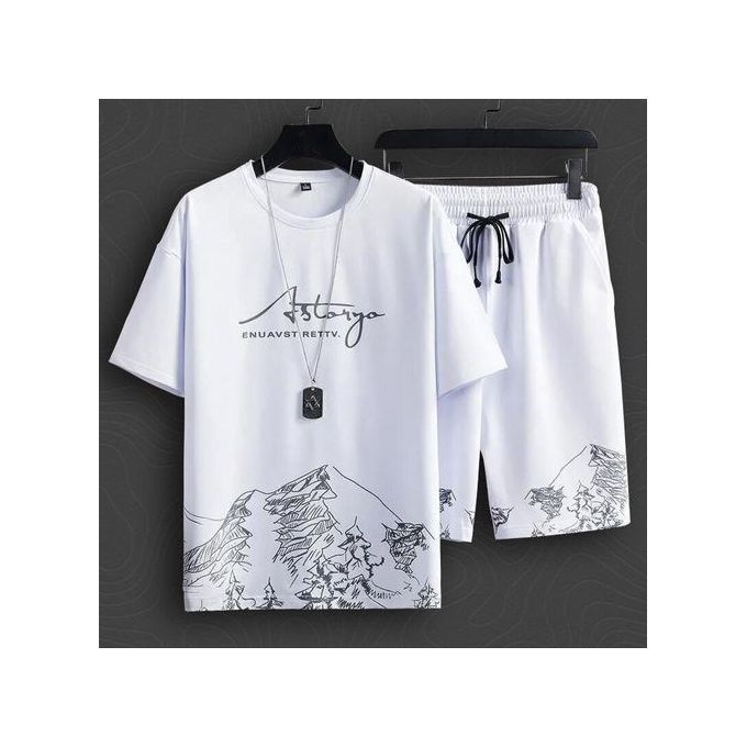 2 In 1 Men's Short Sleeve Shorts Casual Set-White
