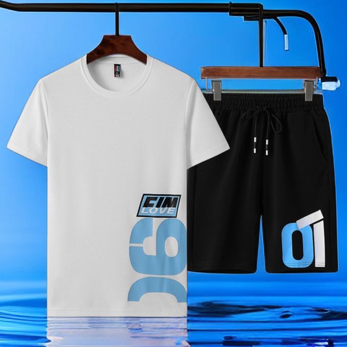 2 Piece Men's Round Neck Short Sleeve Shirt & Shorts - White
