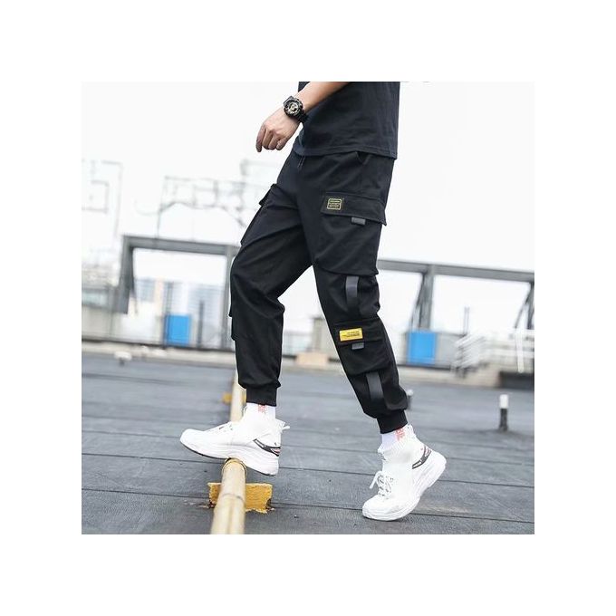 Men Black Pocket Casual Cargo Pants Joggers