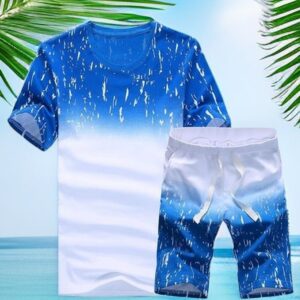 Men's 2 In 1 Short Sleeve Round Neck T-Shirt & Shorts Set - Blue+White