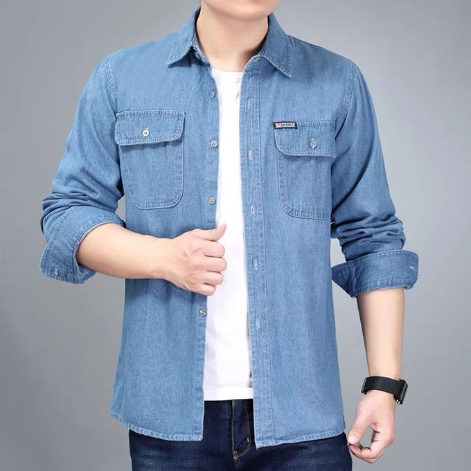 Mens Autumn Jean Casual Slim Fit Denim Cotton Long Sleeve Shirts