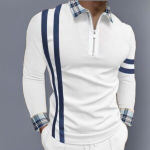 Mens Casual Long Sleeve Polos Shirt Trendy - White