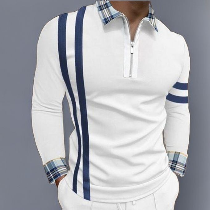 Mens Casual Long Sleeve Polos Shirt Trendy - White