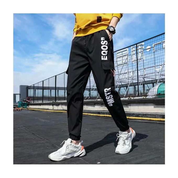 Men's Casual Pants Street High Waist Cargo Pants Jogging Harem Pants Hip Hop (Black)