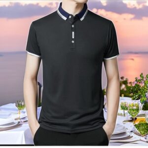 Men's Cotton Casual Short Sleeved Round Neck T-shirt Polo Shirt - Black