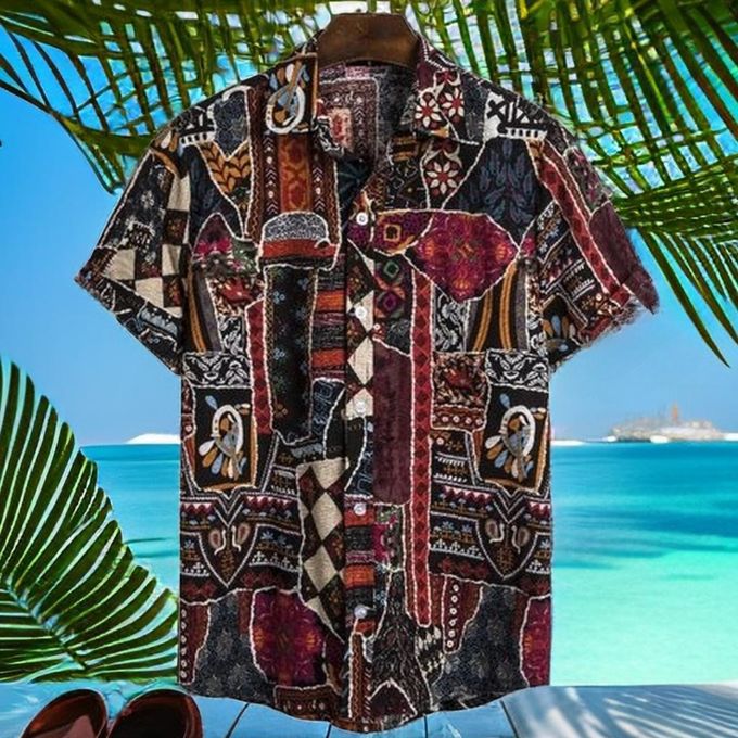 Mens Vintage Graffiti Short Sleeve Button-Down Hawaii Beach Shirt