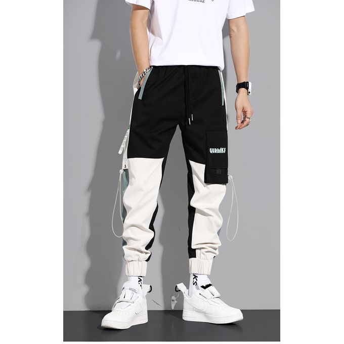 Spliced Design Cargo Pants, Loose Casual Pants, Men's Leggings - Black