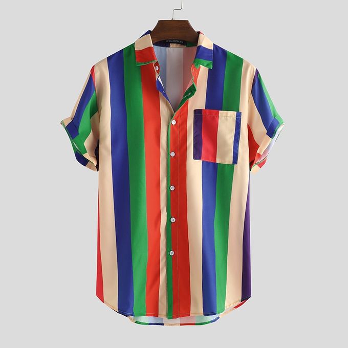 Summer Mens Loose Vintage Short Sleeve Hawaii Beach Shirts - Rainbow