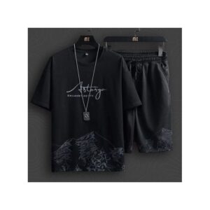 T-Shirts +Shorts 100% Cotton Men's Short Sleeve Set-Black