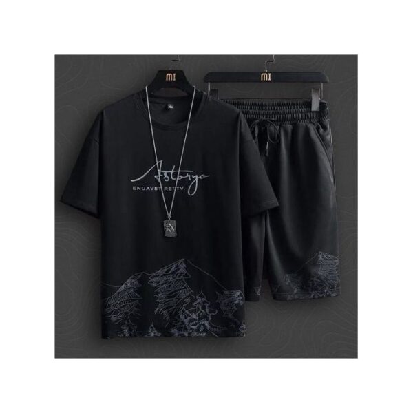 T-Shirts +Shorts 100% Cotton Men's Short Sleeve Set-Black