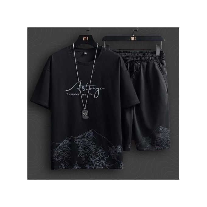 T-Shirts +Shorts 100% Cotton Men's Short Sleeve Set-Black
