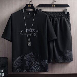 T-Shirts +Shorts 100% Cotton Men's Short Sleeve Set-Black