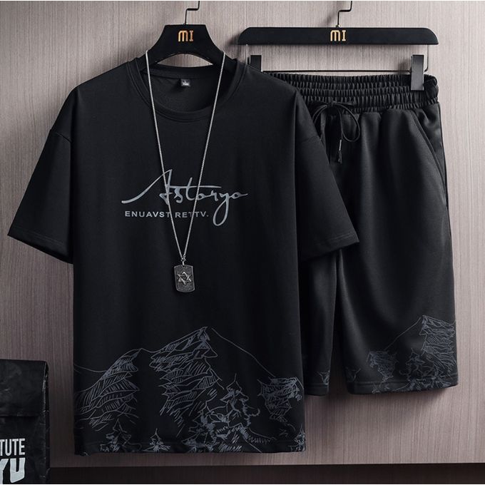 T-Shirts +Shorts 100% Cotton Men's Short Sleeve Set-Black