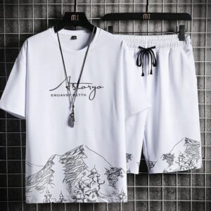 T-Shirts +Shorts 100% Cotton Men's Short Sleeve Set-White