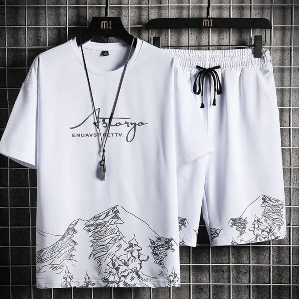 T-Shirts +Shorts 100% Cotton Men's Short Sleeve Set-White