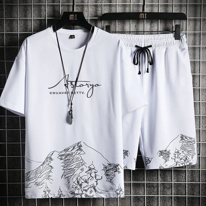 T-Shirts +Shorts 100% Cotton Men's Short Sleeve Set-White